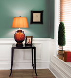 Teal wall with white baseboards and paneling 