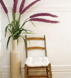 White wall with white wainscot and baseboard. Along with a wooden chair and large purple flower in a hallway