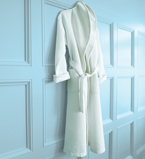 Bathroom with a blue wall with blue moulding with a house coat hanging